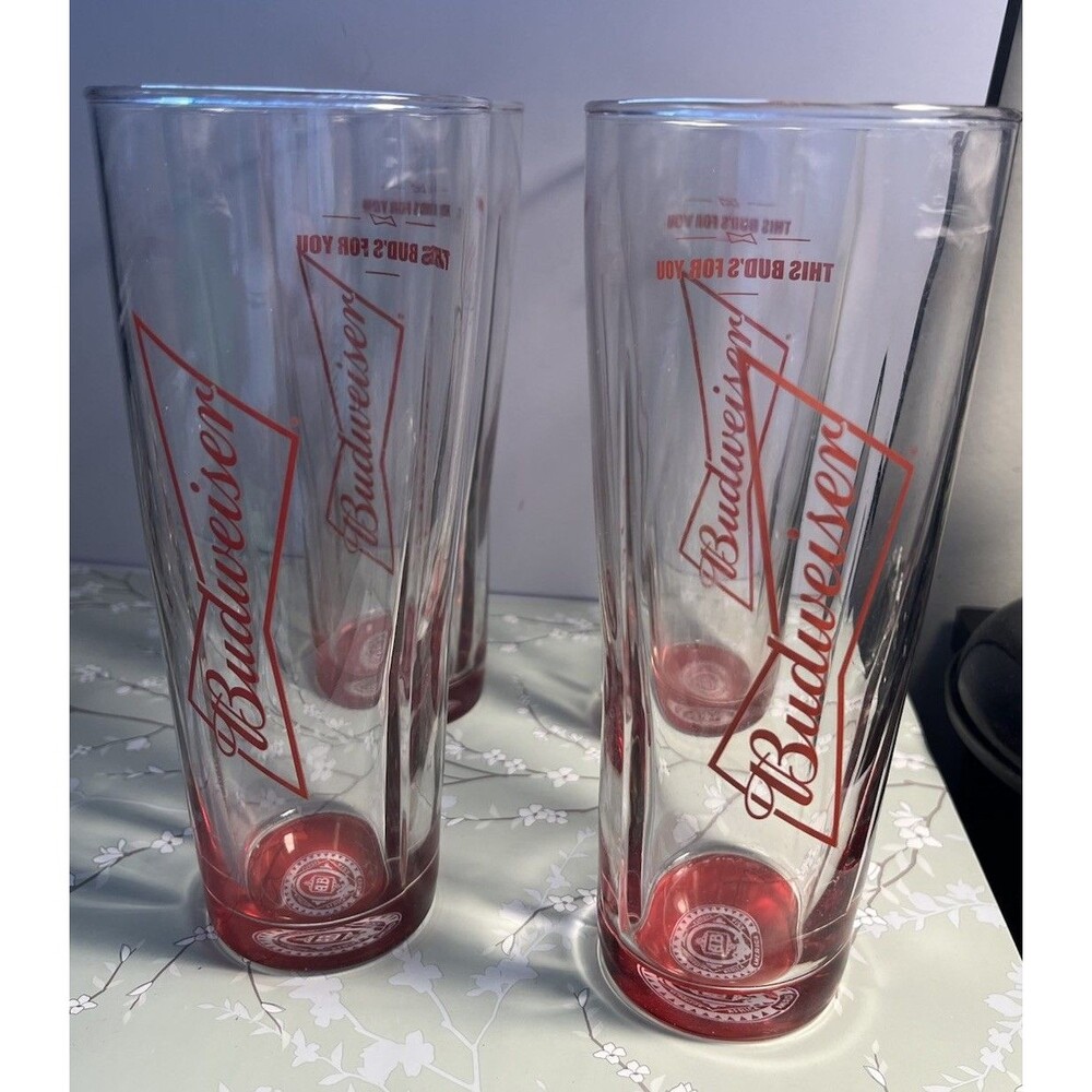 Budweiser This Buds For You Tall Red Bottom Beer Glass 7" 12oz Vintage